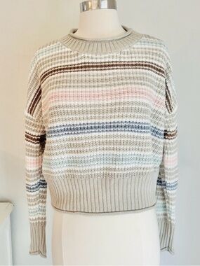 Beige Multi Color Stripe Open Knit Sweater, Medium